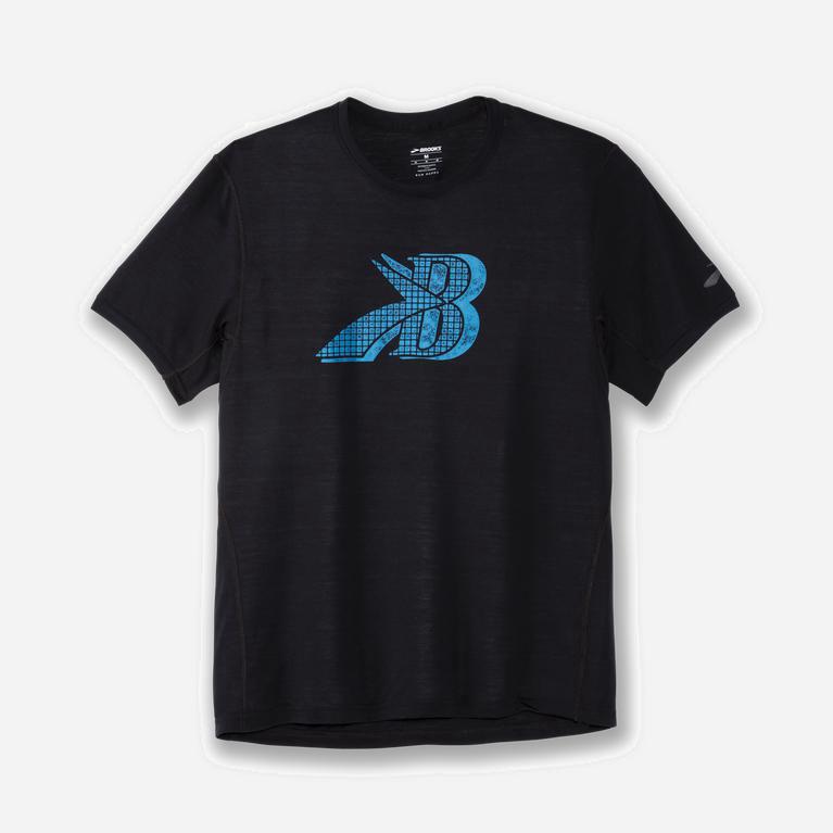 Brooks Distance Graphic Israel - Men's Short Sleeve Running Shirt - Black/Blue Flying B (16794-NWTX)